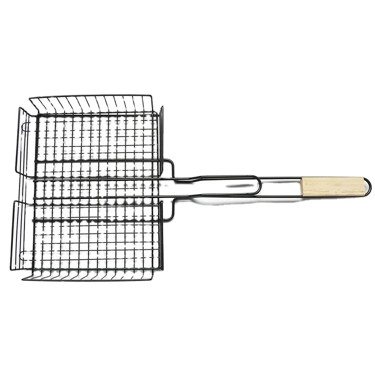 folding reusable non stick foldable portable barbecue vegetable bbq grill mesh fish basket net stainless steel with handle