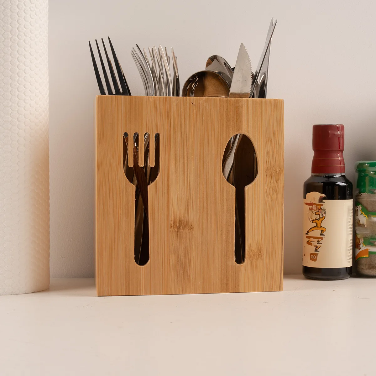 Wholesale Bamboo Wooden Organizer Restaurant Tabletop Spoon Cutlery Dining Utensils Holder 2 Compartment Kitchen Display Box