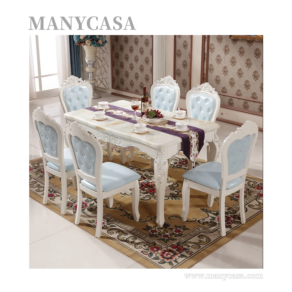 Popular Luxury Furniture Marble Top Rectangle Table Set Group Solid Wood Dining Table Set