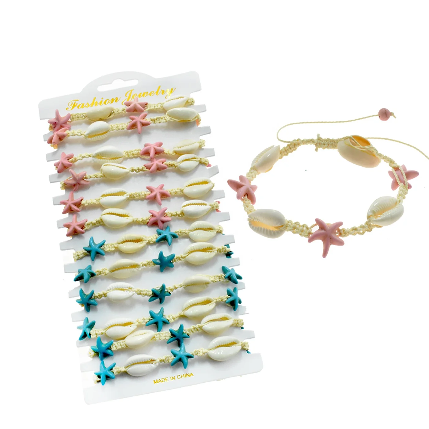 Hot Selling Hawaii  Turquoise And Pink Bracelet Handmade cowrie shell starfish Adjustable Braided Bracelet For Party Gifts