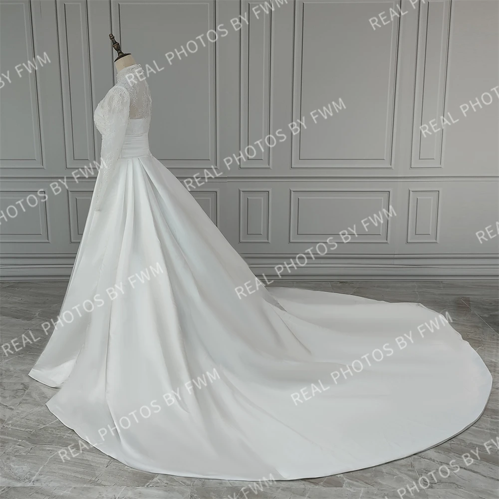 100% Real Photos Muslim Dubai High Neck Long Illusion Sleeves A-line Wedding Dress With Pearls Beaded Lace Bride Gown For Women