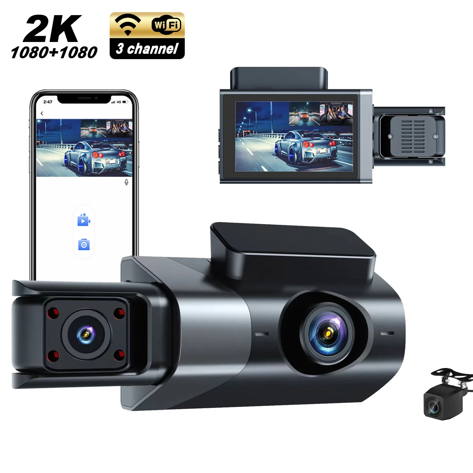 Supplier mini car dvr 3 channel dash camera 2k wifi dashcam 3 camera hd 3 lens front and rear Inside 3 channel 2k dash cam