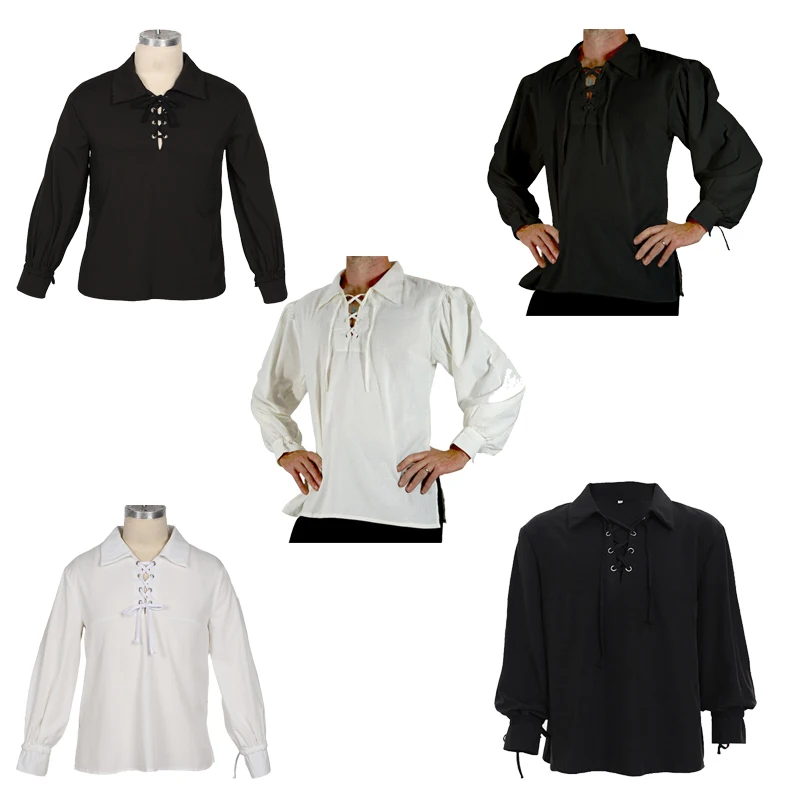 Adult S-2XL Black Whit Men Medieval Renaissance Grooms Pirate tunic top Larp Costume lace up Shirt Middle Age Cosplay Top