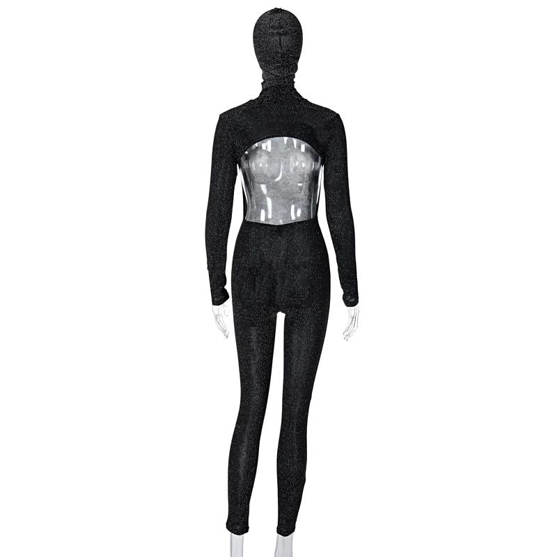 Lygens New Arrival Glitter See Through Long Sleeve Backless One Piece Jumpsuit With Headgear Spring Ladies Stylish Clothing