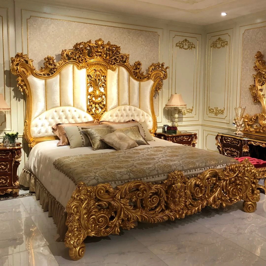 
French modern luxury bed room furnitures for wedding solid wood princess bedroom set carved beds 
