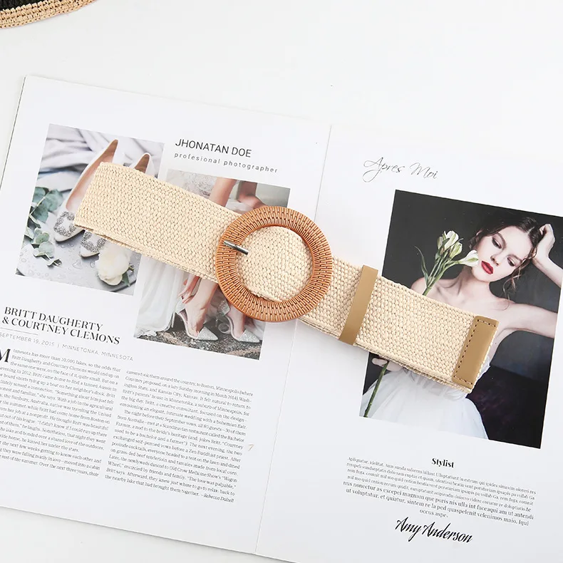 Various Design Women Skinny Dress Stretch Waist Belt PP Straw Woven Elastic Belt With Wooden Round Square Buckle