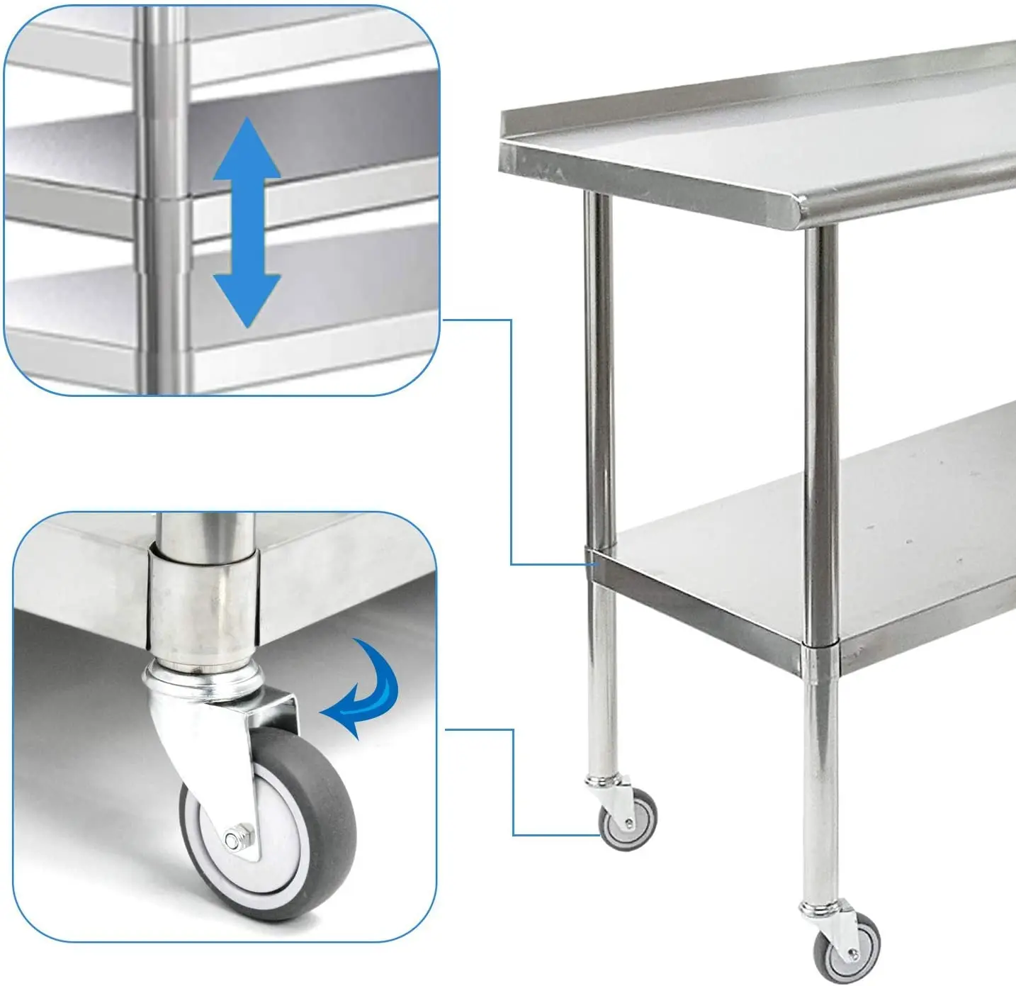 Double Layer Commercial Kitchen Table Multi Functional 7 Feet Stainless Steel Restaurant Catering Work Table with Back Splash