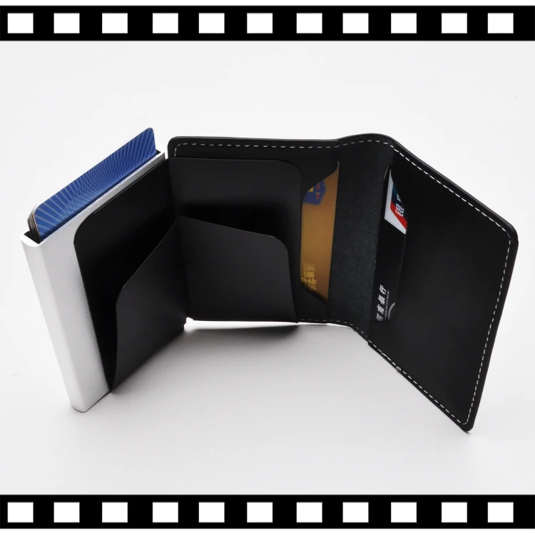 Hot selling leather RFID Blocking Pop Up Aluminum Card Case  Anti-Theft RFID Bank Credit Card Automatic Wallet