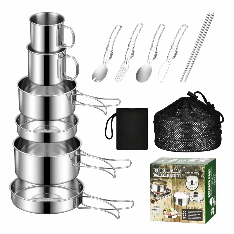 Excellent Quality Silver Food Grade 304 Stainless Steel Camping Cookware Mess Kit Camping Cooking Set