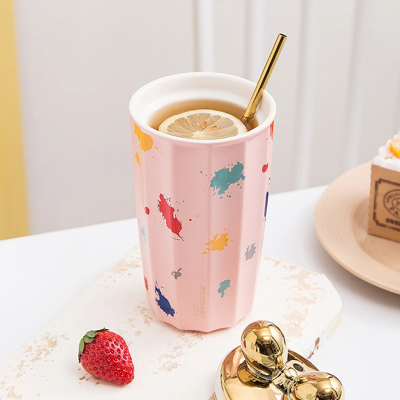 Flypeak Wholesale New Arrival Nordic Ceramic Mug Coffee Cup Porcelain Mug Fashion Luxury Ceramic Mug With Lid And Spoon