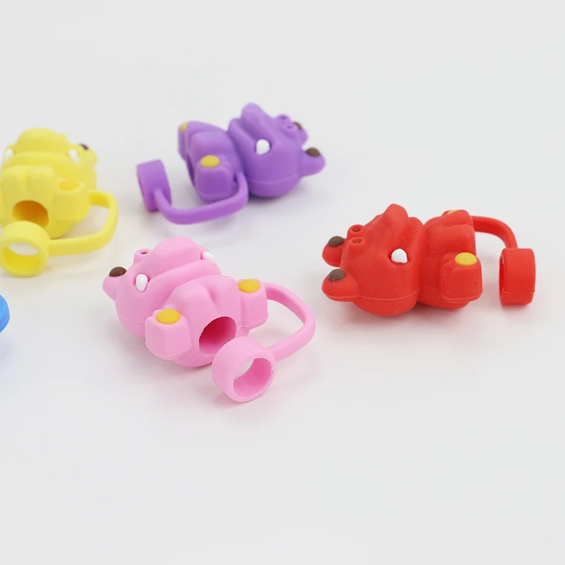 Custom 3D silicone straw toppers for 10mm drinking straw covers with cartoon designs for tumblers mugs