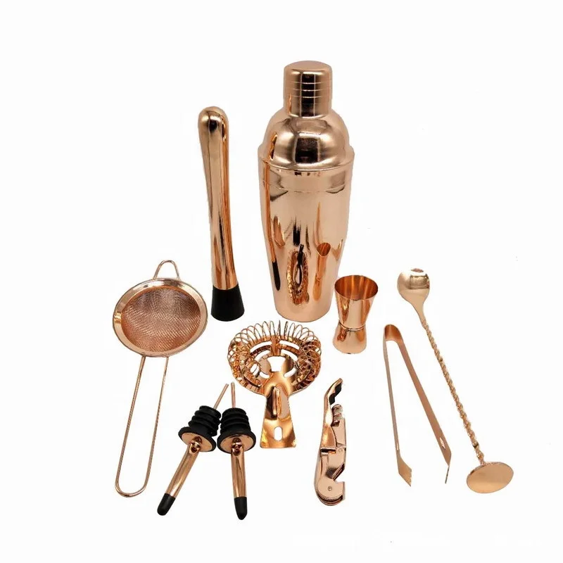 Amazon hot sale rose golden bartender kit bamboo stand bar tool cocktail shaker set
