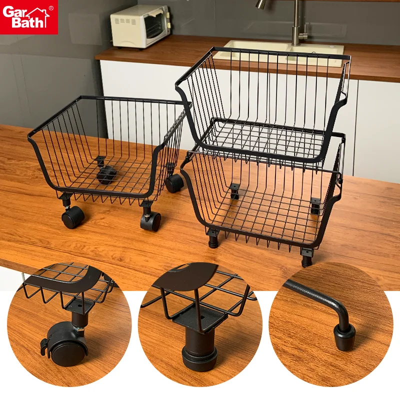 Metal Wire Baskets with Wheels Stackable Storage Bins Kitchen Organizer Shelf Fruit Vegetable Cart Dishes Seasonal Rack Shelves