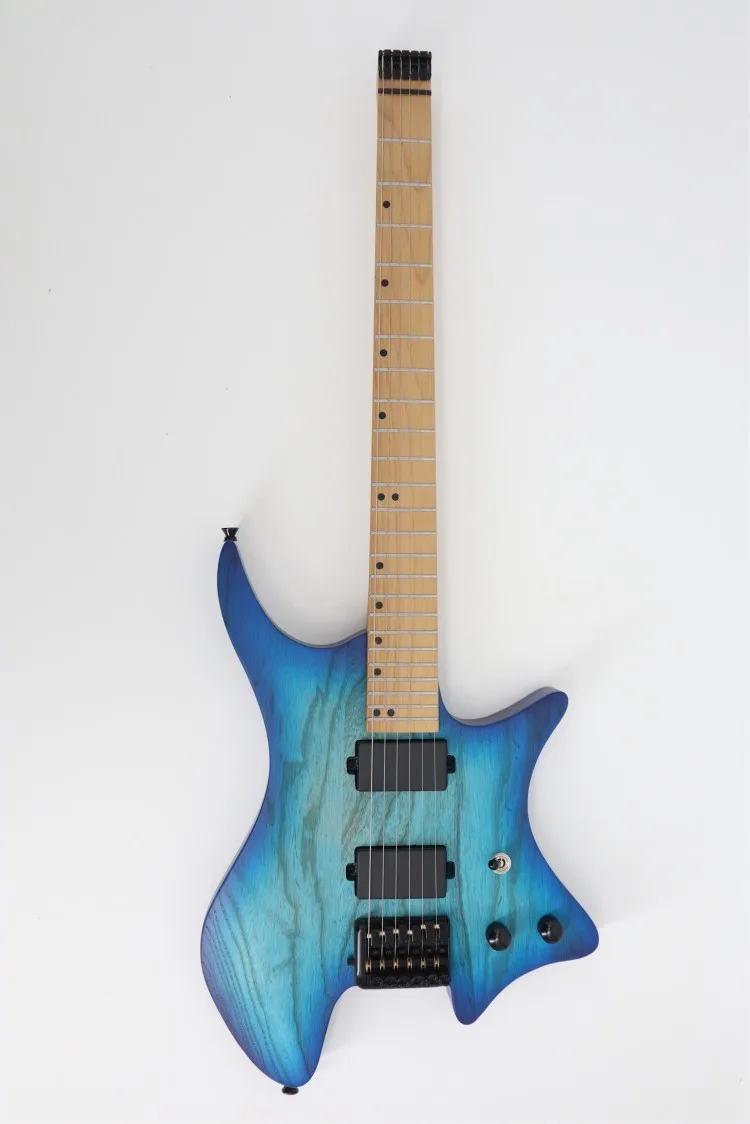 Прямая Продажа с фабрики Высококачественная синяя электрогитара без головы многоцветная имеющаяся в наличии Тигровая полоска шпон музыкальный инструмент