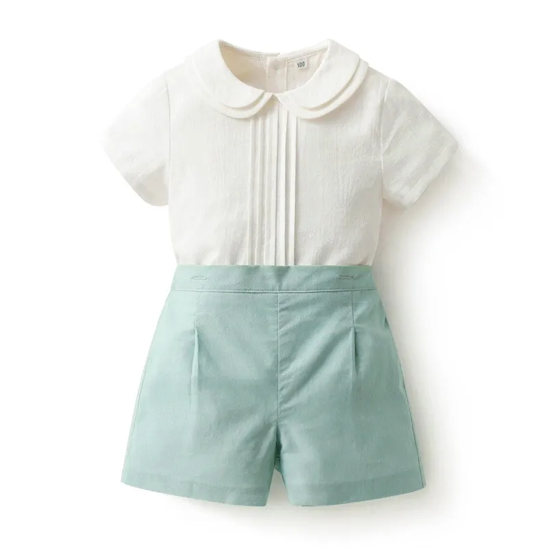 Wholesale Summer Kids Two Pieces Baby Boy Clothing Set Children Spanish Short Sleeve White Shirt Shorts Boutique Suit Clothes