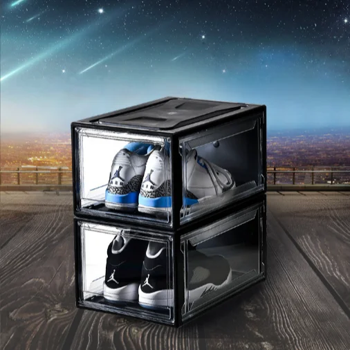Wholesale Ready To Ship Giant Magnetic Simple Assemble Custom Shoe Box Transparent Black Plastic Shoe Display Organizer Plastic