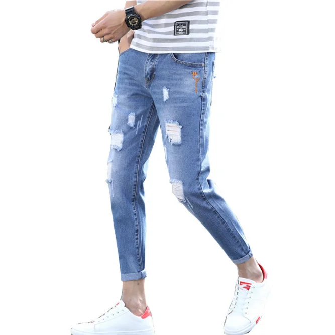 Dropshipping Ripped Nine Points Jeans Boys Men Man Boy Fashion Trend Slim Skinny All-match Jeans Pants Factory