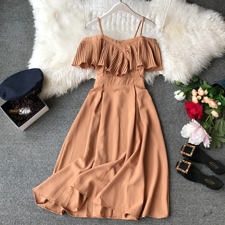 Customized pleated off shoulder one line neck strap mid length dress for women