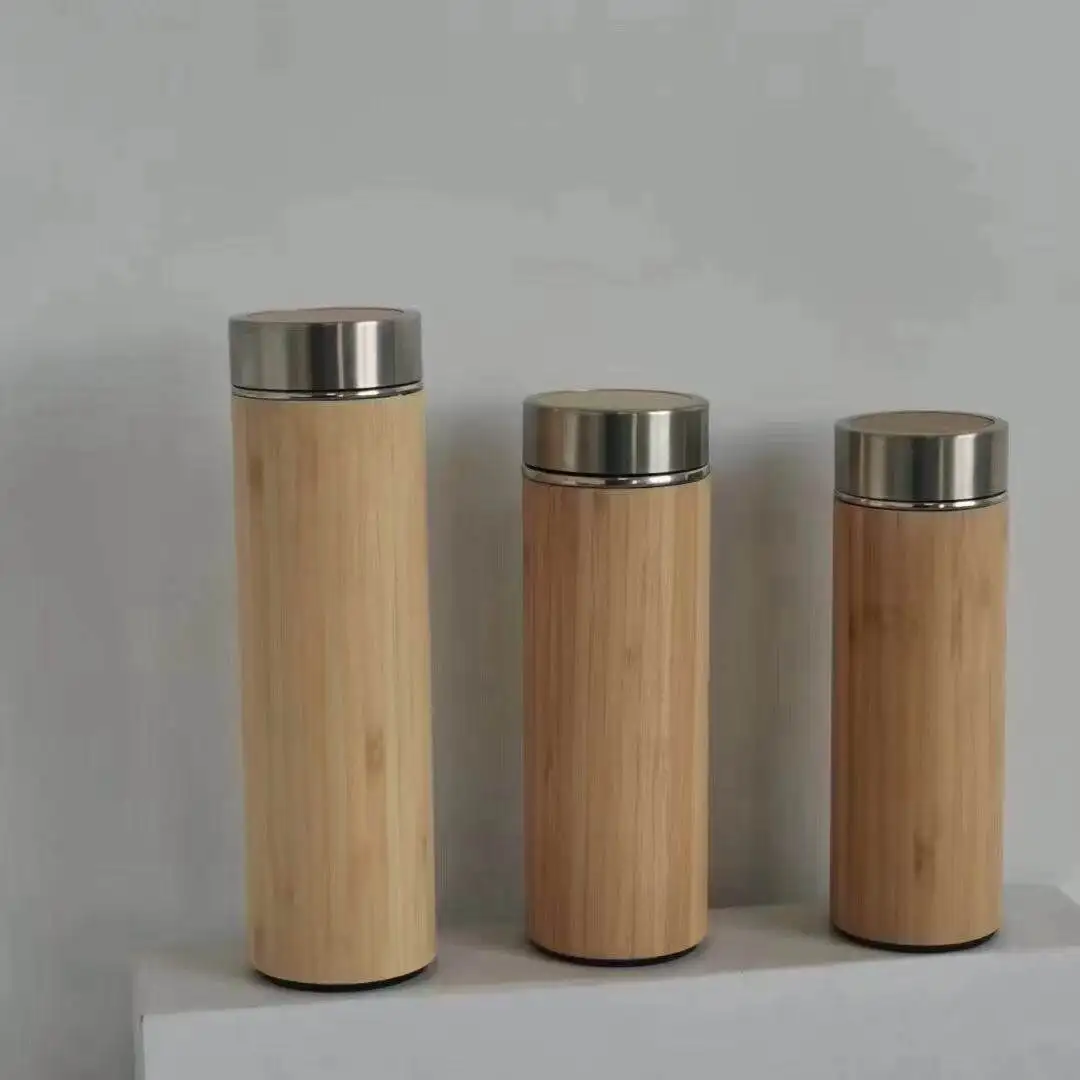 Tea infuser bamboo bottle water natural flask insulate vacuum stainless steel bamboo water bottle with different lid
