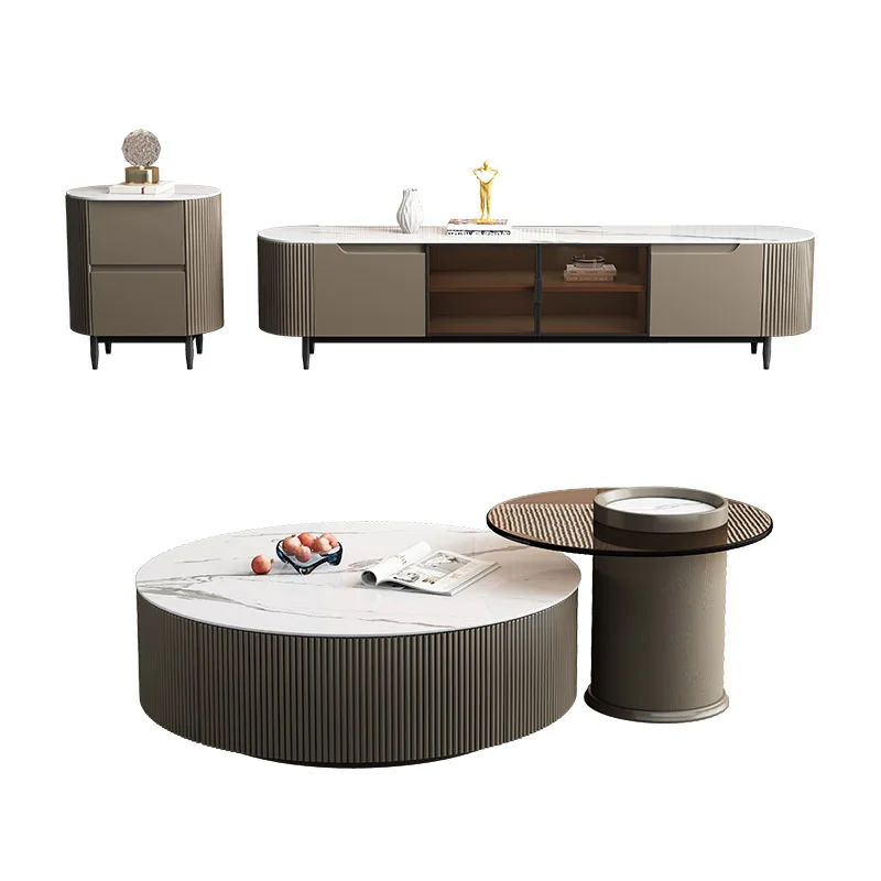 Luxury Round Coffee Table With Side Table and Tv Stand Set Marble Top Living Room Furniture Tv Set Table Cabinet Tv Stand