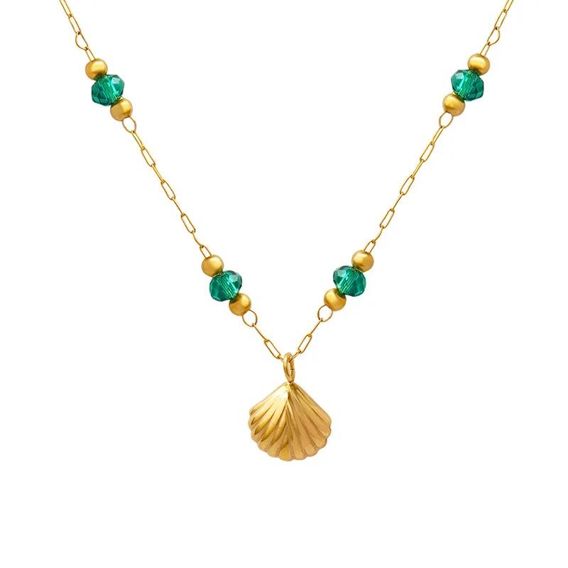 Korean trend exquisite crystal bead scallop pendant necklace 18K gold stainless steel jewelry