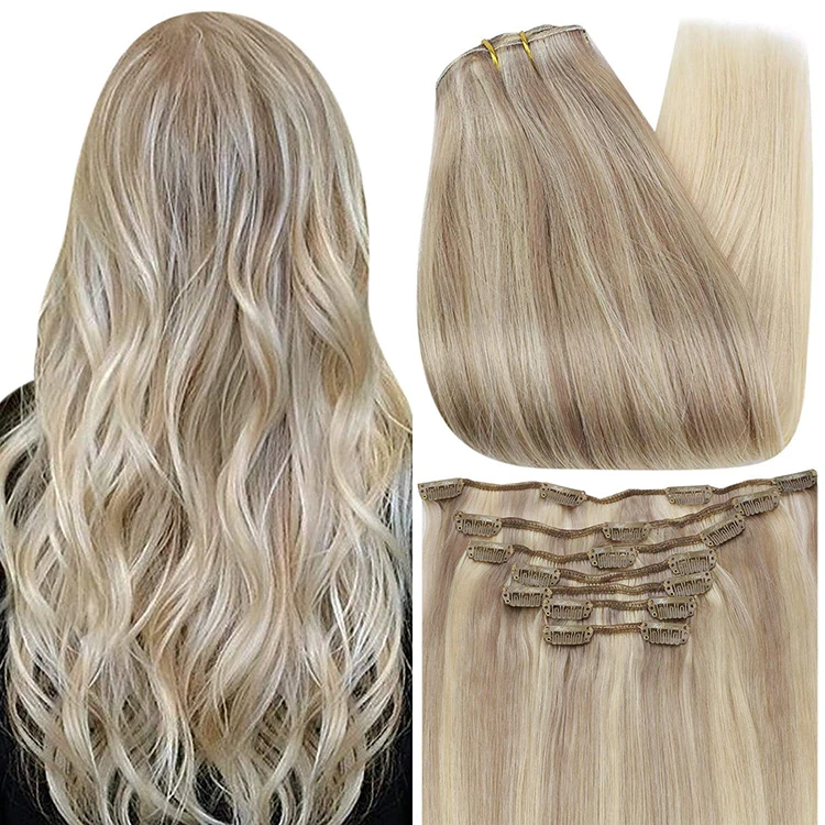 Full Shine Hot Sale Remy Human Hair Clip in Extensions Balayage #18/22/60 Ash Blonde to Platinum Blonde Clip in Hair Extensions