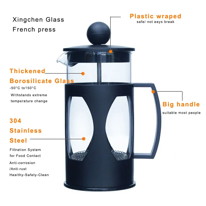 600ml Turkish Style Glass French Coffee Press Maker With Black Plastic Handle