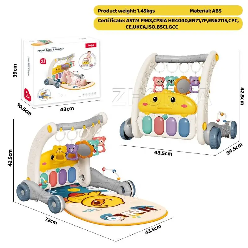 Zhorya Infant Multifunction Activity Fitness Stand Toddler Rack Play Gym Pedal Piano Mats 2 in 1 Baby Walker