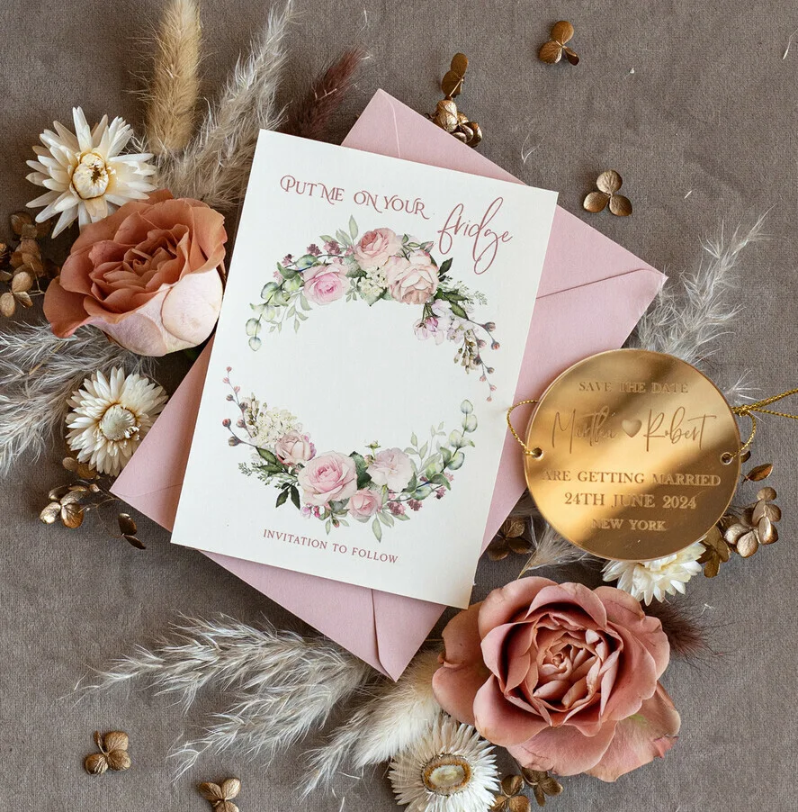 Personalised Gold Acrylic Save the Date Magnet and Card, Gold Blush Pink Wedding Save The Dates Plexi Magnets invitation cards