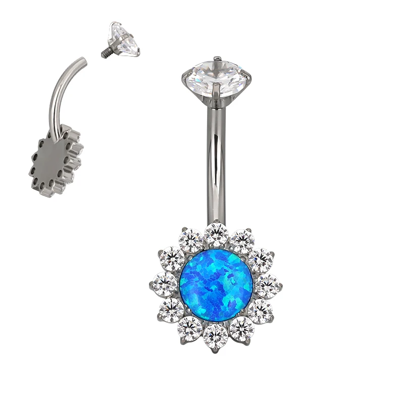 GZN Sexy Implanted Grade Titanium Internally Threaded Opal Flower Belly Button Ring Fine Body Jewelry Piercing