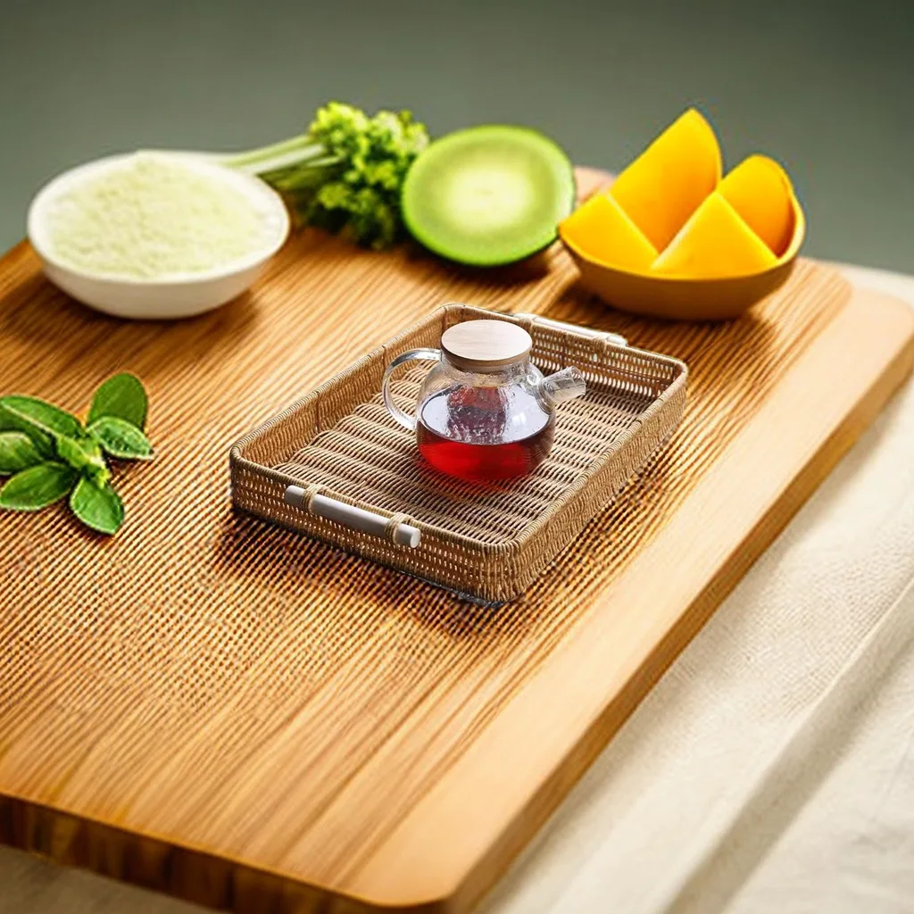 Hot Square  Woven Fruit Storage Basket Plastic Food Container Rattan Serving Tray Good Quality Rectangle Decoration for Home