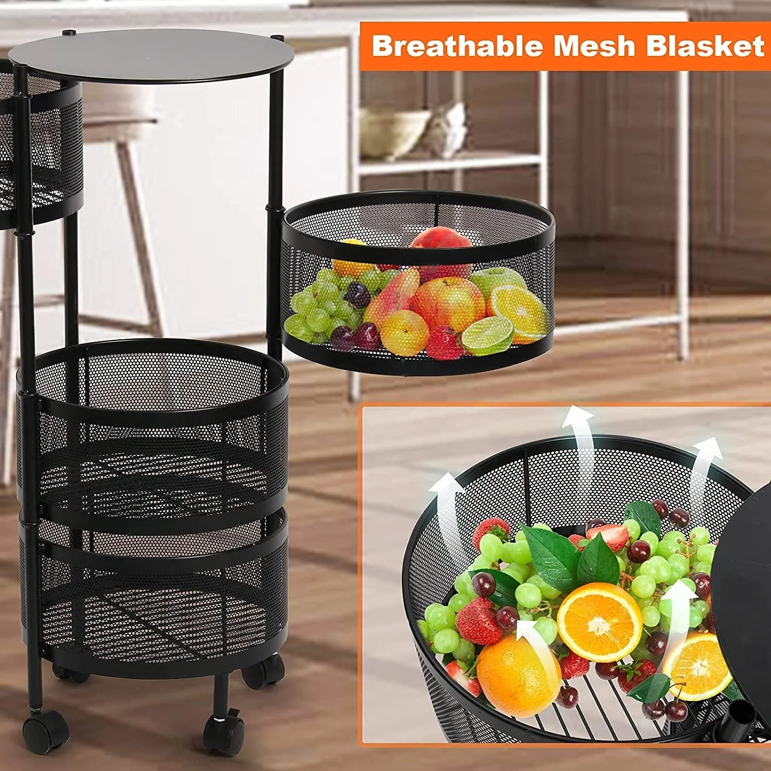 Kitchen Rack Circular Rotation Multi-Layer Storage Rack Vegetable Fruit Basket Storage Rack Plastic Rolling Storage Trolley Cart