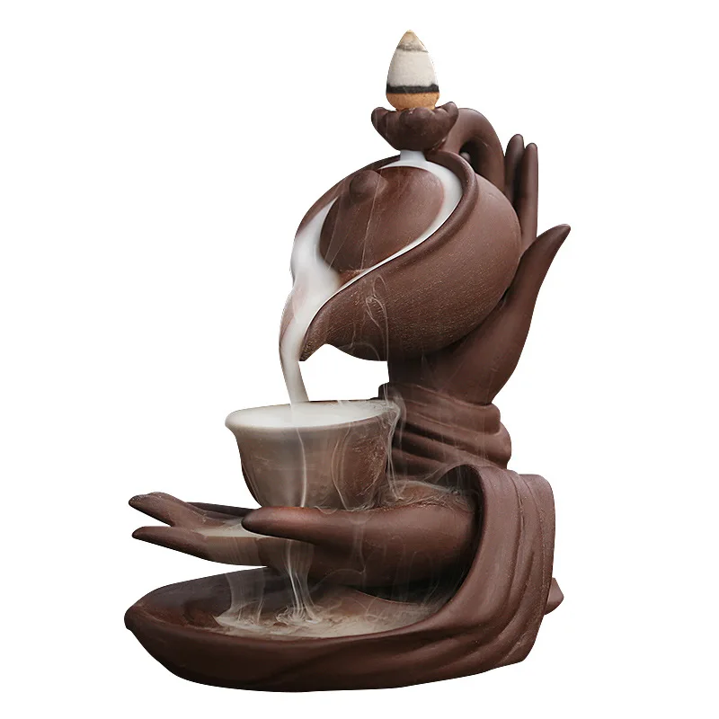 Creative Ceramic Buddha Hand Series Backflow Incense Burner Indoor Smoke Waterfall Incense Holder for teahouse, meditation