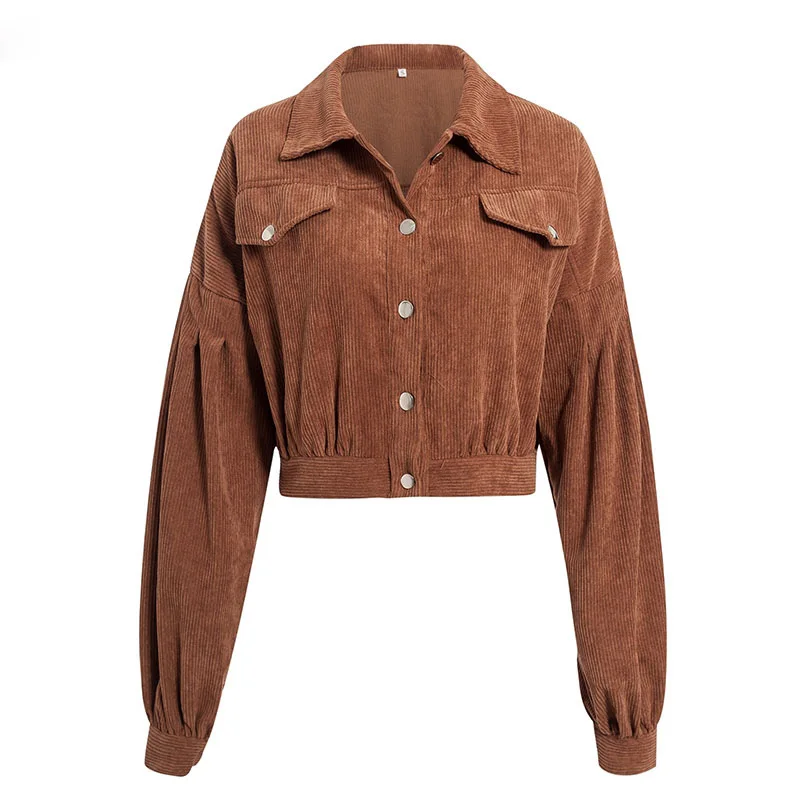 Casual corduroy buttons bomber long sleeve crop top jackets women Spring office lady solid coat female lapel short jackets