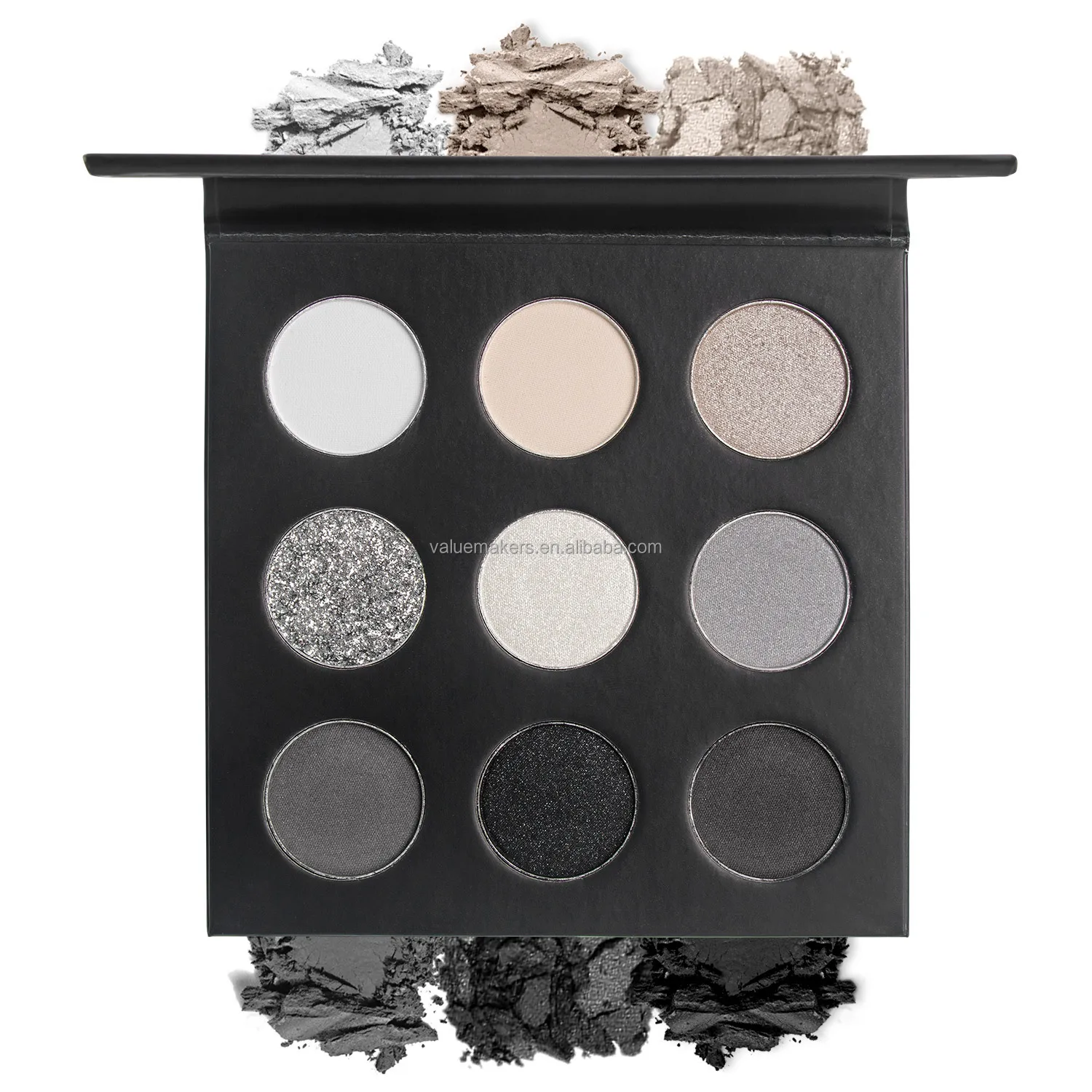 Private label smoky eyeshadow palette dark grey silver punk style eyshadow long lasting matte shimmer eyeshadow make up 9 colors