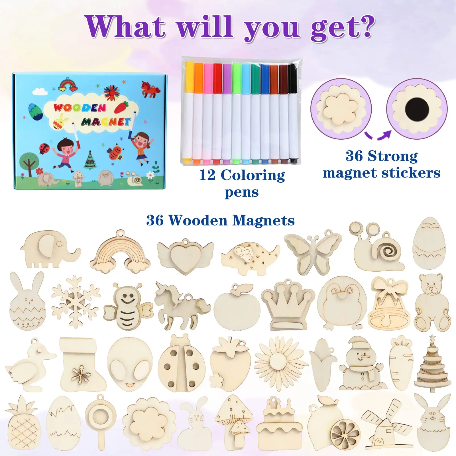 DIY Wooden Art Craft Magnets 36 pcs Painting Kit for Kids Party Favors for Boys Girls Birthday Gift
