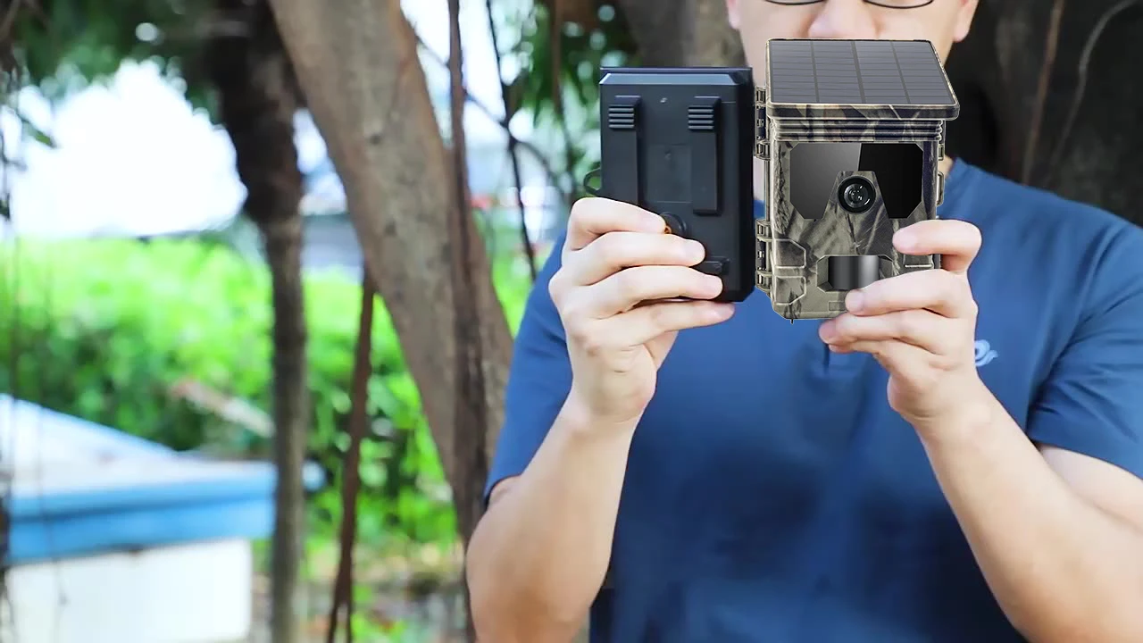 Long Night Vision Range WiFi Blue-tooth 30MP 4K Wildlife Trail camera With Solar Panel Built-in 4400mAh Li-on battery HC-600W