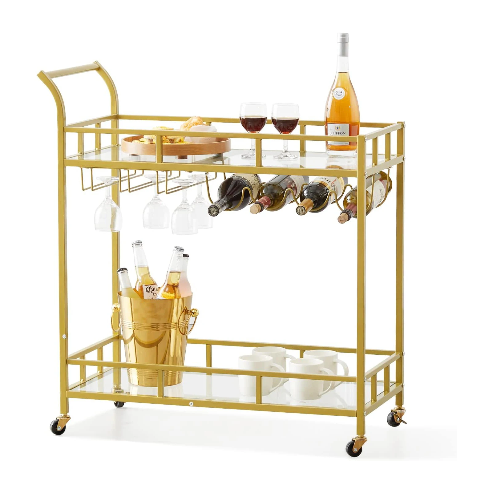 Bar Cart Gold Home Bar Serving Cart on Lockable Wheels Rolling Alcohol Cart with Tempered Glass Shelves Guardrail Wine Rack