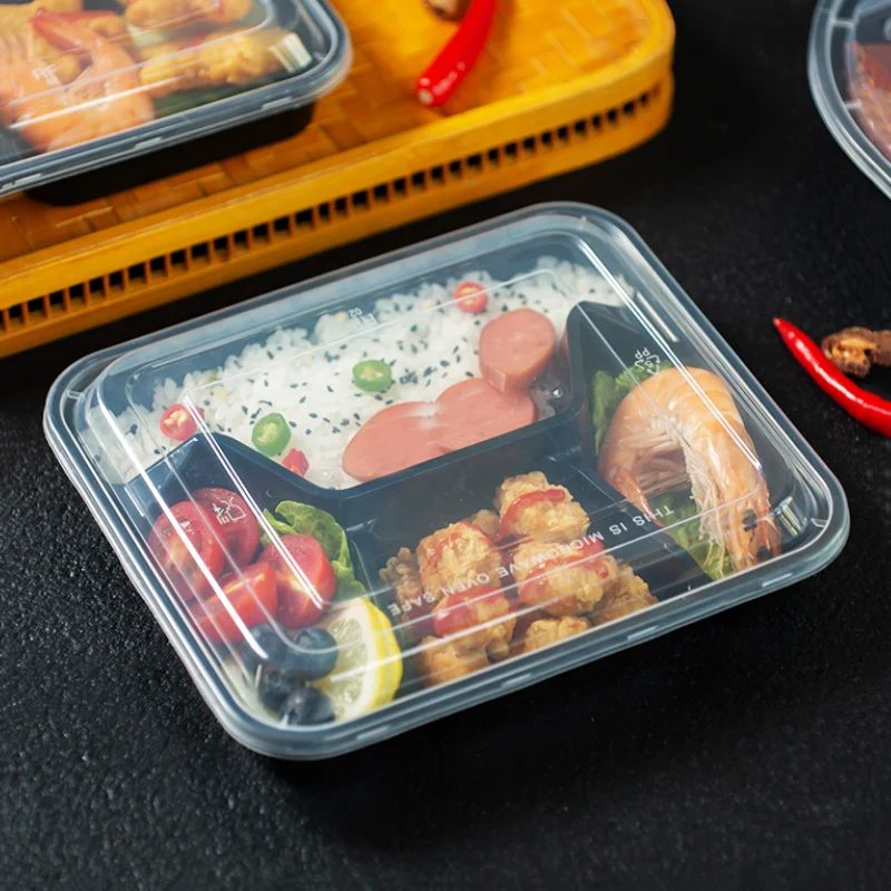 Одноразовый прямоугольный пластиковый контейнер для пищевых продуктов с 4 отделениями