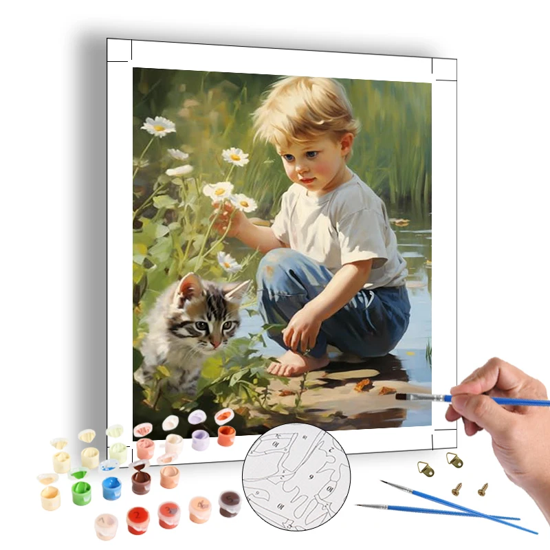 High Quality Diy Painting by Numbers Rustic Boy and Cat Farm Village Custom Canvas Oil Painting for Adults Home Wall Decor Gift