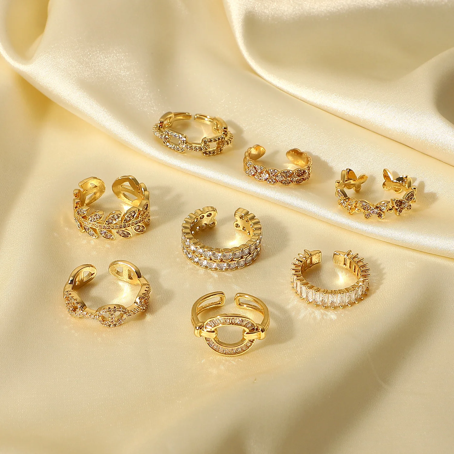 Ins Hot 18K Gold Plate Copper Zirconium Inlaid Open Rings Jewelry Fashion Retro Style Pair Geometric Ring For Women