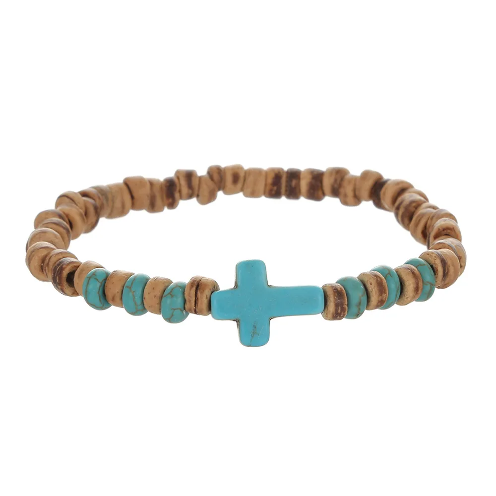 Hot Sale Coconut Shell Wood Chip Artificial Turquoise Cross Bracelet Men Hip Hop Handmade Beaded Elastic Wood Bracelet