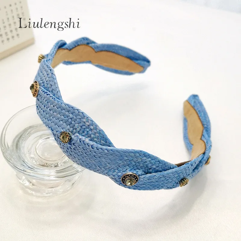 Fashion Summer Season Braid Rattan Woven Hair Band Hair Accessories Beach Raffia Straw Weaving Crystal Headband for Women