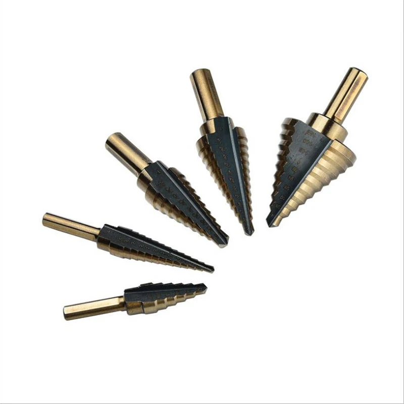 
M35 6Pcs Case Aluminum High Speed Coated Titanium Hss Spiral Step Conical Drill Bit Set 