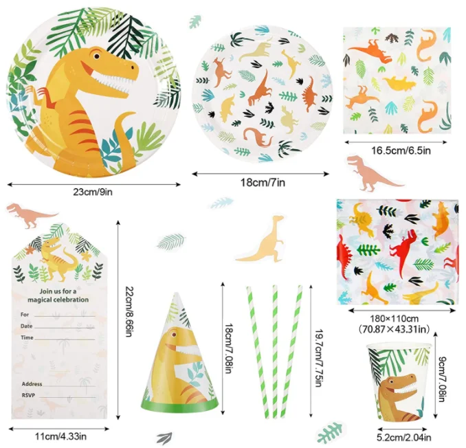 Dinosaur Boy Birthday Party Disposable tableware set Paper Plates Napkins Cups hats boxes Tablecloth card cupcakes toppers flags