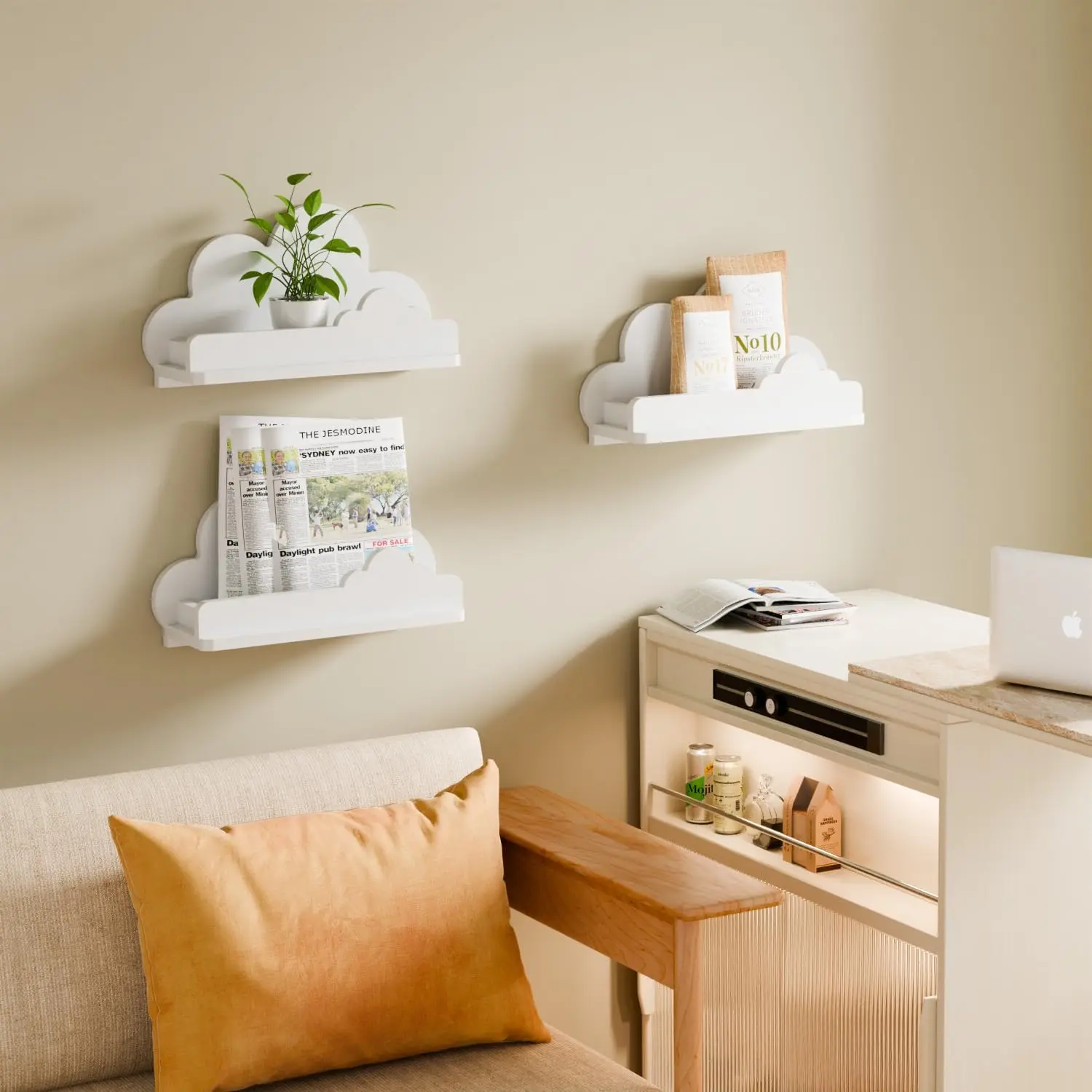 202407 Decorative Wooden White Cloud Bookshelf Wooden Floating Shelf Small Figure Wall Mounted Shelf
