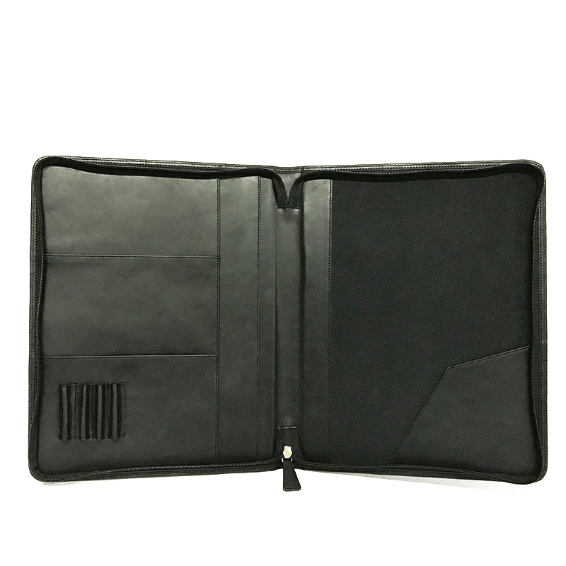 High End Leather File Folder Organizer Custom PU Business Document Zippered Bag Portfolio With Letter-Size Notepad