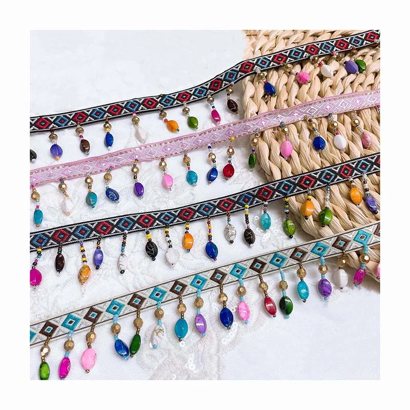 diy sewing clothes accessories ethnic lace webbing beaded tassel fringe jacquard geometric ribbon curtain creative textile trim