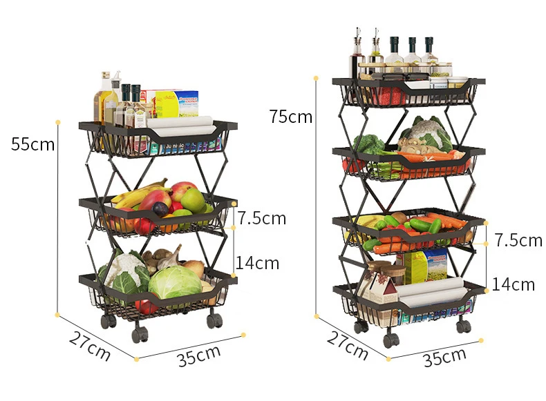 Multifunction Metal Creative Kitchen Folding 3/4/5 Tiers Vegetable Fruit Storage Rack Cart Spice Bottle Rack Storage Baskets