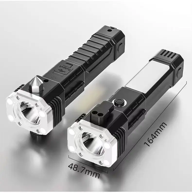 Portable Hand-held Magnetism LED Flashlight with Side COB Emergency Hammer Rechargeable Torch Lights 18650 Rechargeable Battery